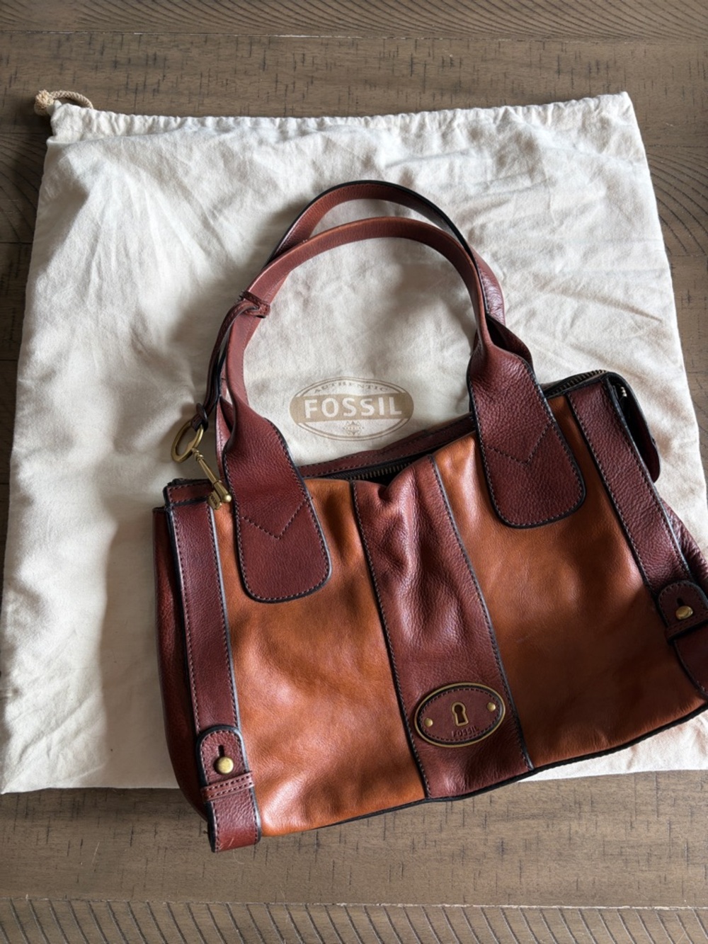 Fossil Women's Two-Tone Tan and Brown Leather Satchel